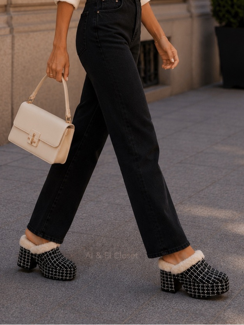 Larroudé Miso Clog platform heels in black tweed with plush natural shearling 9